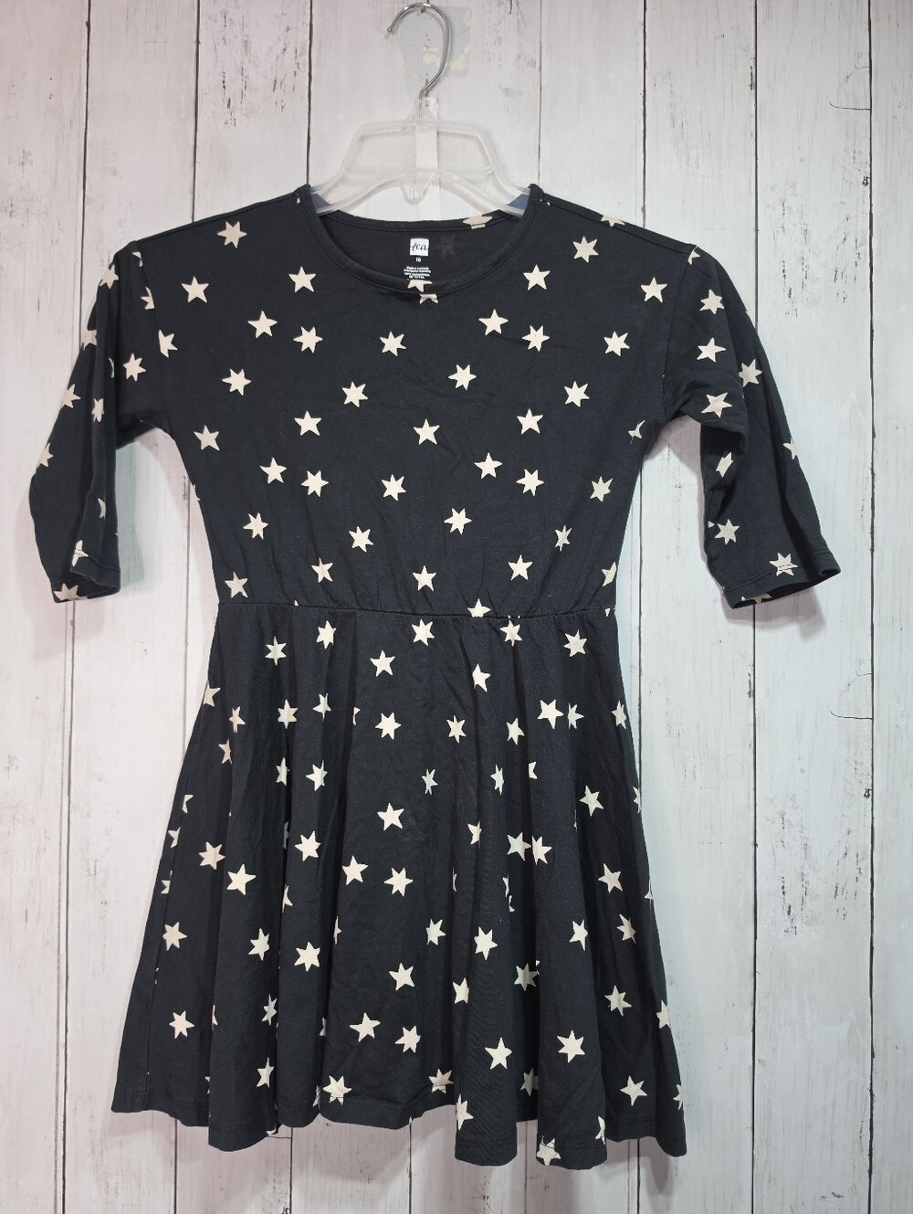 Tea Collection Girl's ¾ Sleeve Swing Black Cotton Knit Star Print Dress Size 10.